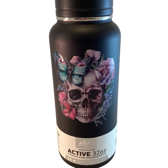 HYDRAPEAK Skulls, Flowers, Butterflies Hot & Cold Insulated Water Bottle Black - Picture 6 of 6